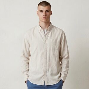 Wills Huckleberry Shirt Mens Medium Beige Linen Blend Wrinkle Free Button Down